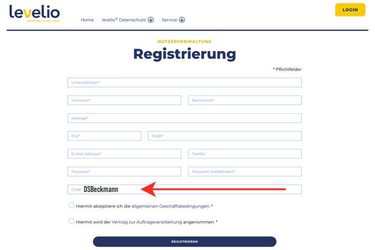 Bild: Registrierung von levelio mit dem Code DSBeckmann von Oliver Beckmann für einen Willkommens-Bonus